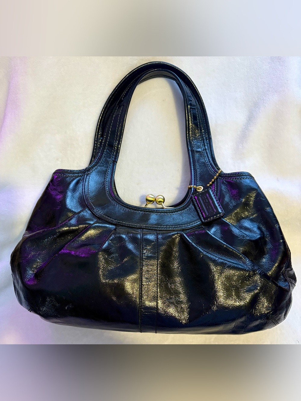 Coach Ergo Pleated Frame Black Patent Leather Satchel with Kiss-Lock Detail